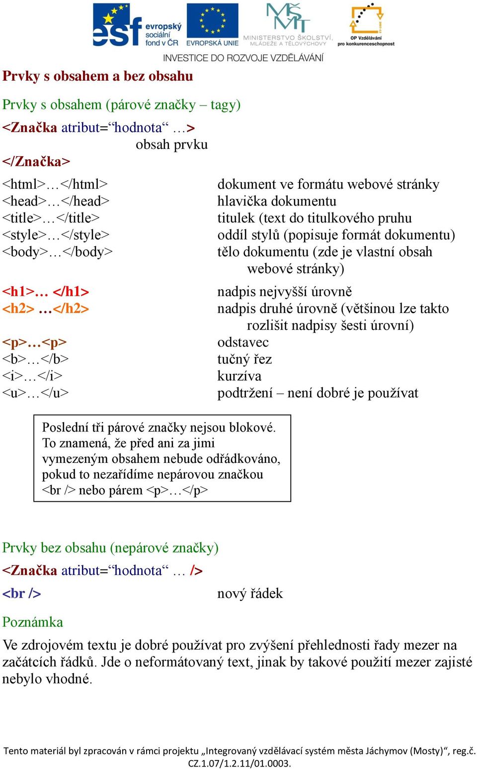 To znamená, že před ani za jimi vymezeným obsahem nebude odřádkováno, pokud to nezařídíme nepárovou značkou <br /> nebo párem <p> dokument ve formátu webové stránky hlavička dokumentu titulek (text