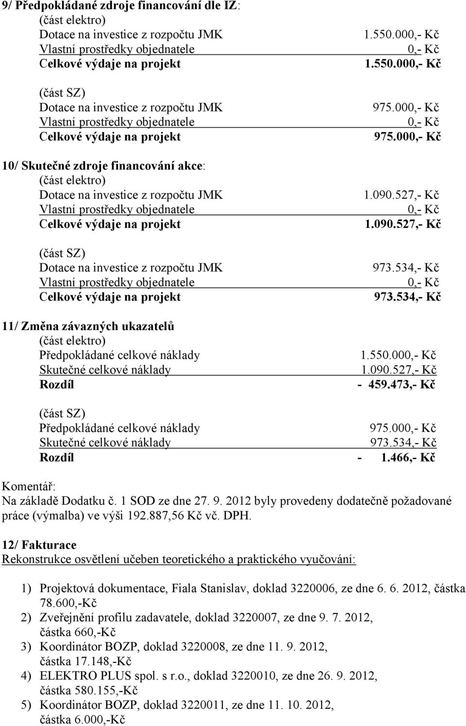 466,- Kč Komentář: Na základě Dodatku č. 1 SOD ze dne 27. 9. 2012 byly provedeny dodatečně požadované práce (výmalba) ve výši 192.887,56 Kč vč. DPH.