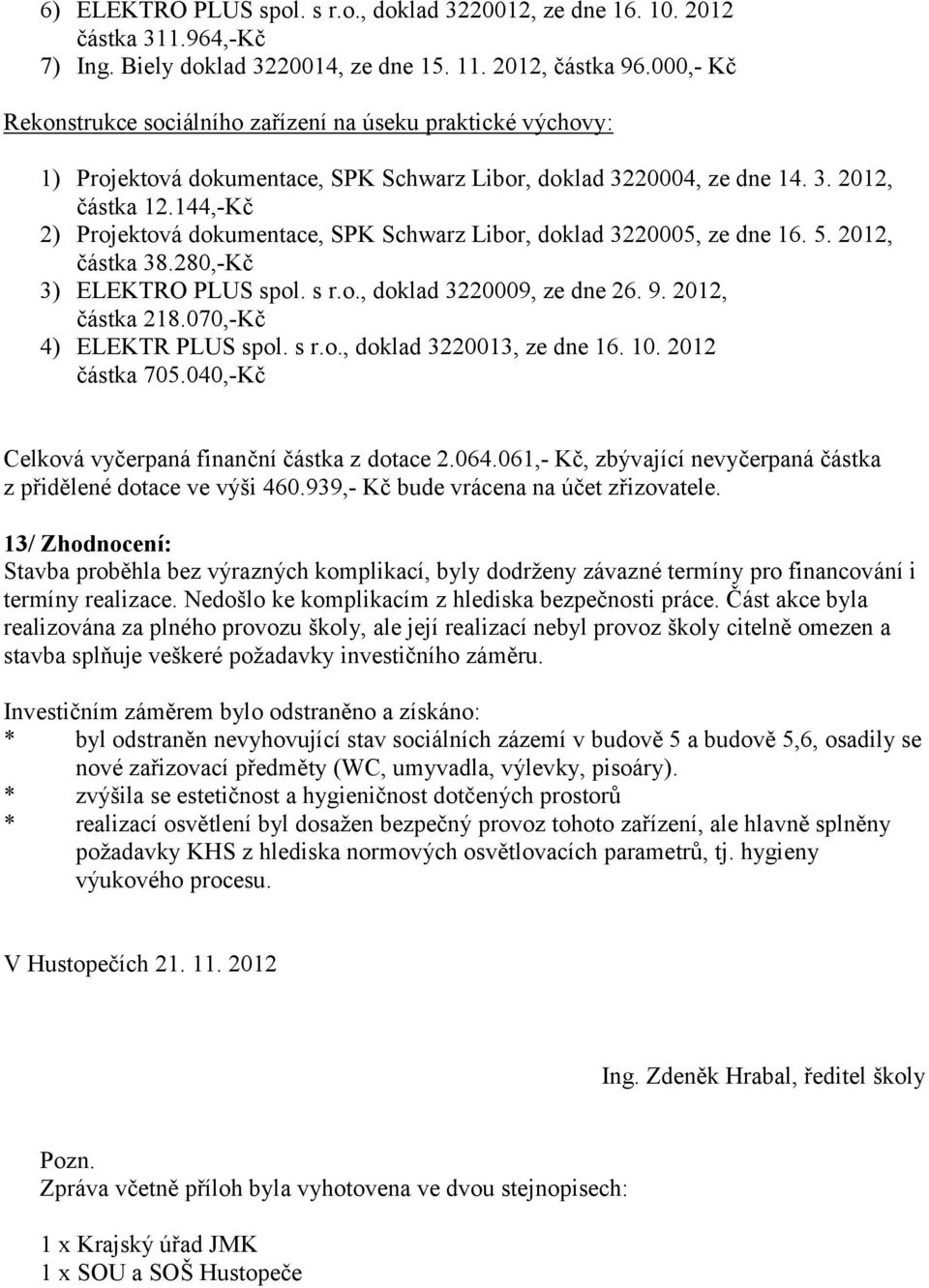 144,-Kč 2) Projektová dokumentace, SPK Schwarz Libor, doklad 3220005, ze dne 16. 5. 2012, částka 38.280,-Kč 3) ELEKTRO PLUS spol. s r.o., doklad 3220009, ze dne 26. 9. 2012, částka 218.