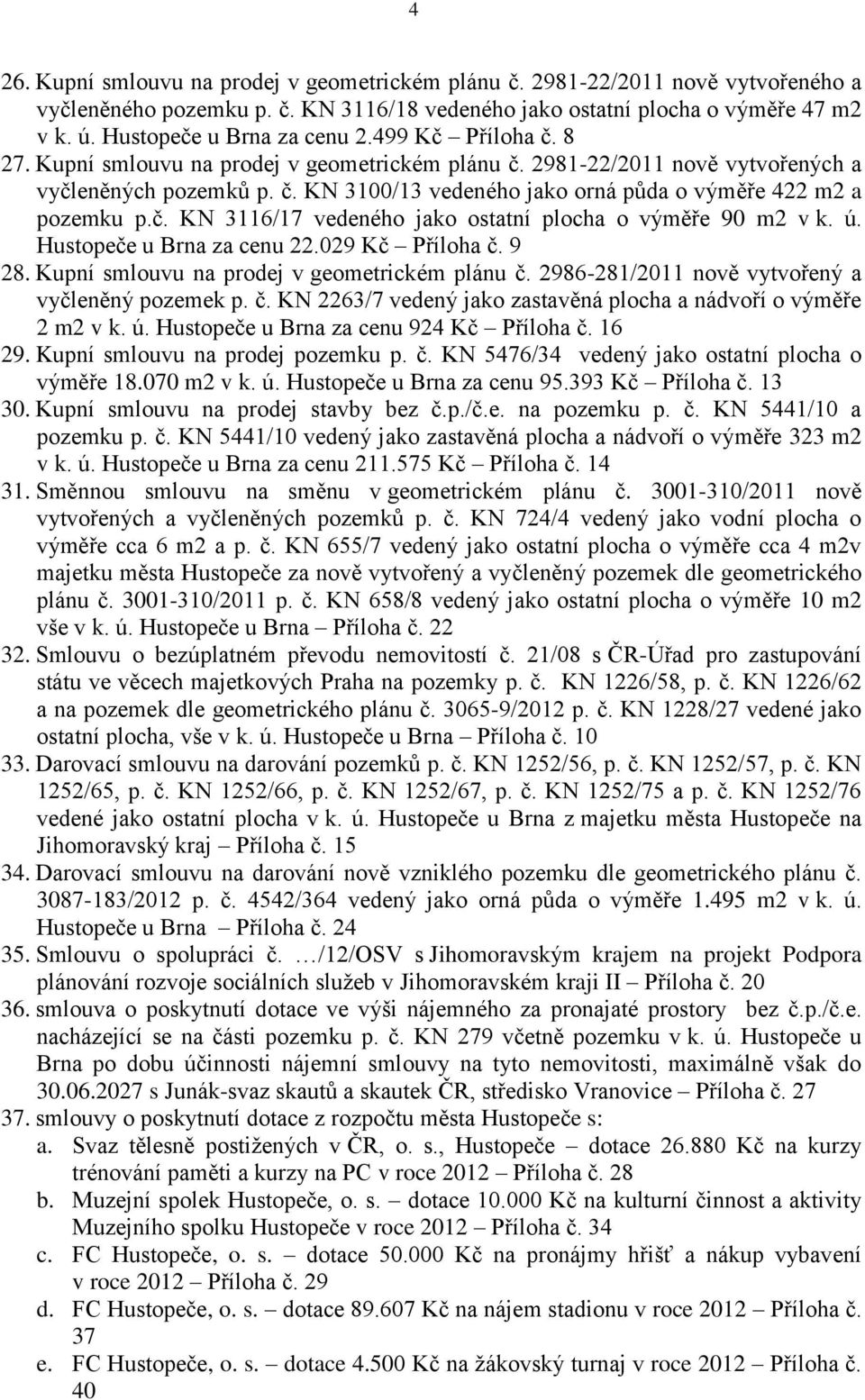 č. KN 3116/17 vedeného jako ostatní plocha o výměře 90 m2 v k. ú. Hustopeče u Brna za cenu 22.029 Kč Příloha č. 9 28. Kupní smlouvu na prodej v geometrickém plánu č.