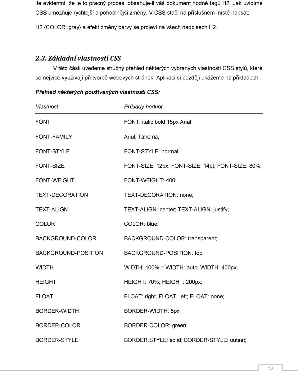 Základní vlastností CSS V této části uvedeme stručný přehled některých vybraných vlastností CSS stylů, které se nejvíce využívají při tvorbě webových stránek.