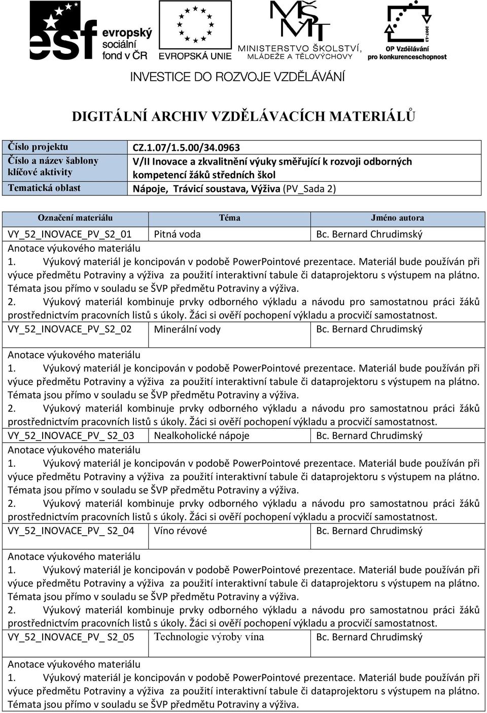 Nápoje, Trávicí soustava, Výživa (PV_Sada 2) Označení materiálu Téma Jméno autora VY_52_INOVACE_PV_S2_01 Pitná voda Bc.