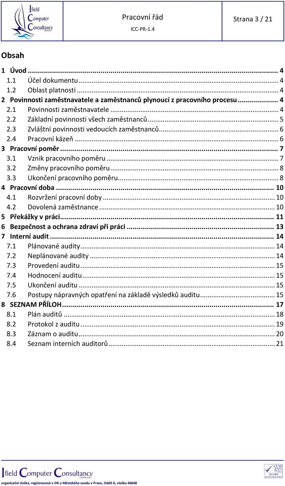 .. 8 4 Pracovní doba... 10 4.1 Rozvržení pracovní doby... 10 4.2 Dovolená zaměstnance... 10 5 Překážky v práci... 11 6 Bezpečnost a ochrana zdraví při práci... 13 7 Interní audit... 14 7.