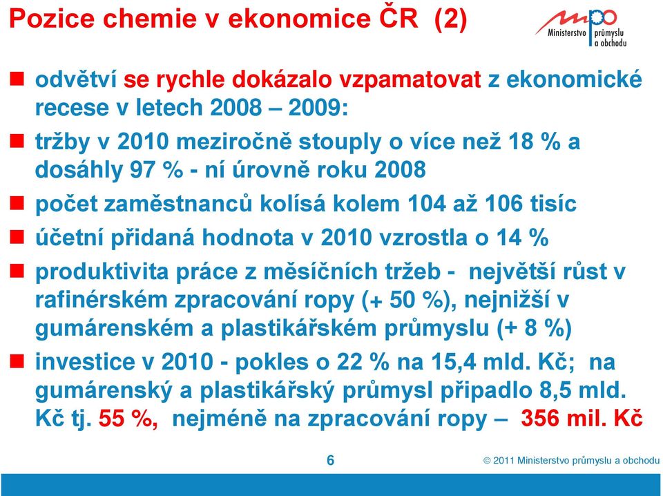 produktivita práce z měsíčních tržeb - největší růst v rafinérském zpracování ropy (+ 50 %), nejnižší v gumárenském a plastikářském průmyslu (+ 8 %)