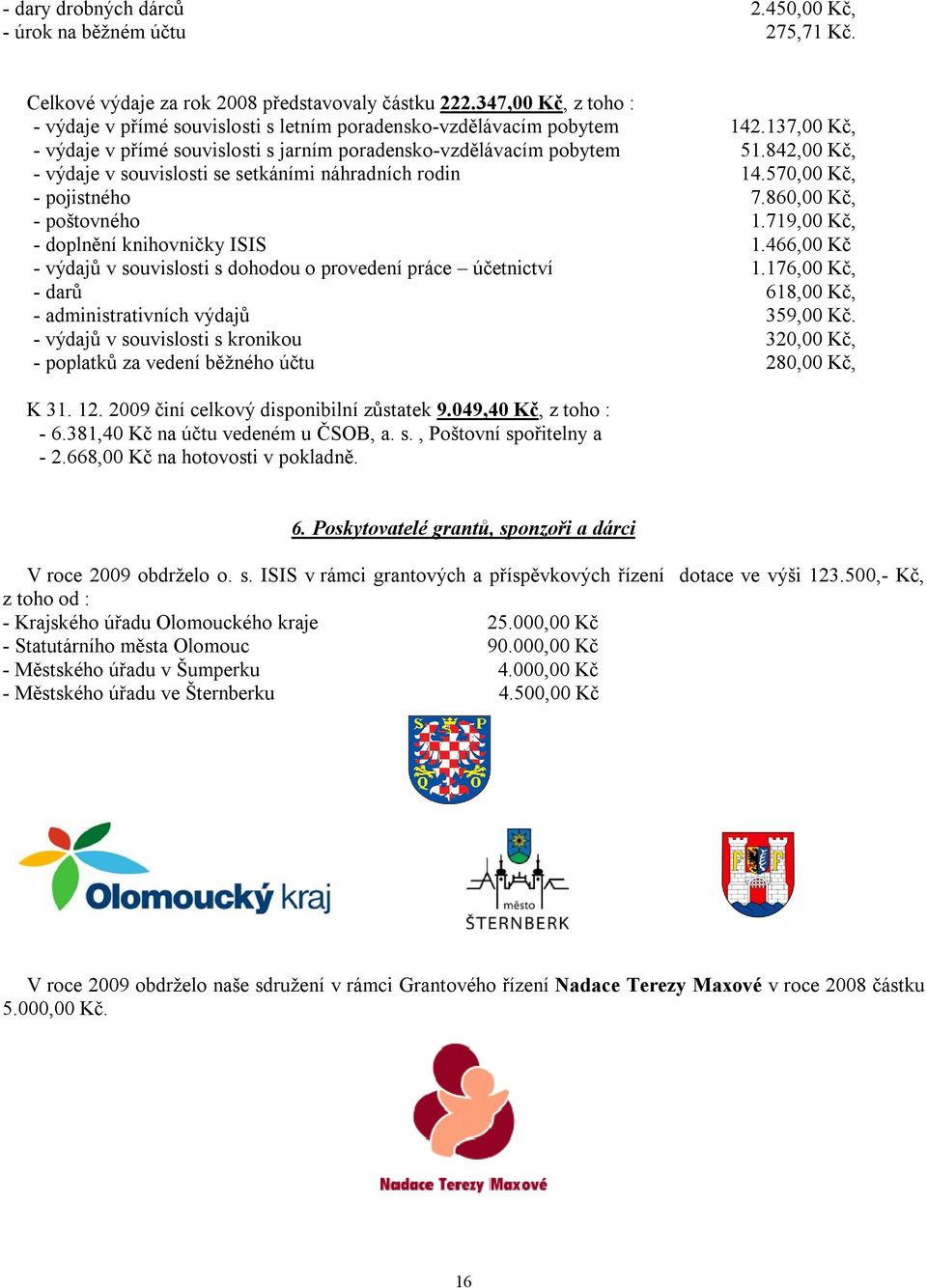 842,00 Kč, - výdaje v souvislosti se setkáními náhradních rodin 14.570,00 Kč, - pojistného 7.860,00 Kč, - poštovného 1.719,00 Kč, - doplnění knihovničky ISIS 1.