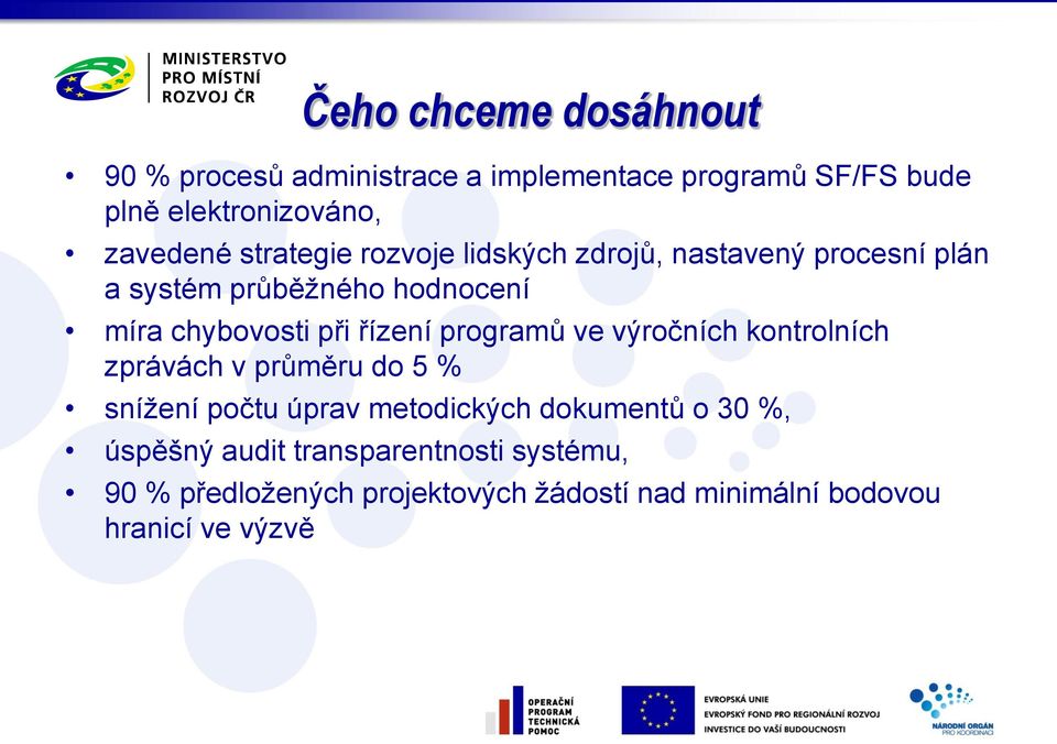 řízení programů ve výročních kontrolních zprávách v průměru do 5 % snížení počtu úprav metodických dokumentů o 30