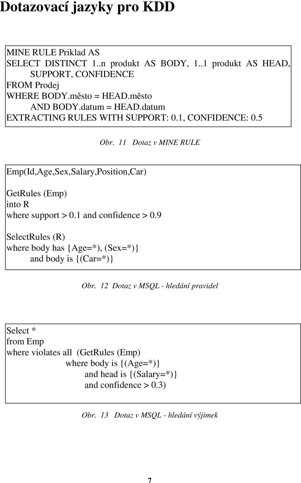 11 Dotaz v MINE RULE Emp(Id,Age,Sex,Salary,Position,Car) GetRules (Emp) into R where support > 0.1 and confidence > 0.