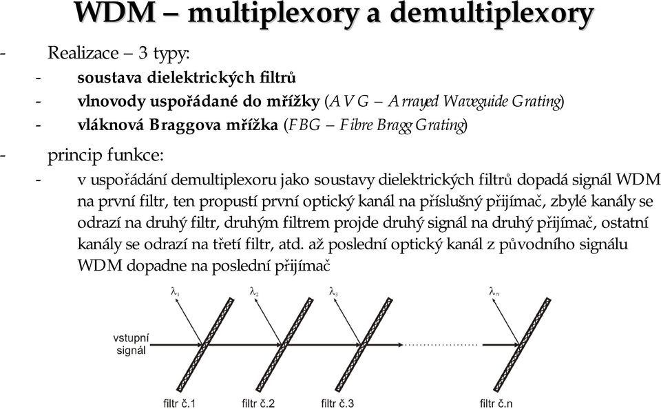 dopadásignál WDM na první filtr, ten propustí první optický kanál na příslušný přijímač, zbylékanály se odrazí na druhý filtr, druhým filtrem