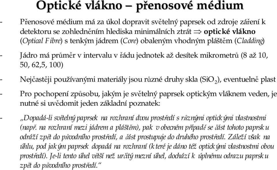 (SiO 2 ), eventuelně plast - Pro pochopení způsobu, jakým je světelný paprsek optickým vláknem veden, je nutné si uvědomit jeden základní poznatek: - Dopadá-li světelný paprsek na rozhraní dvou