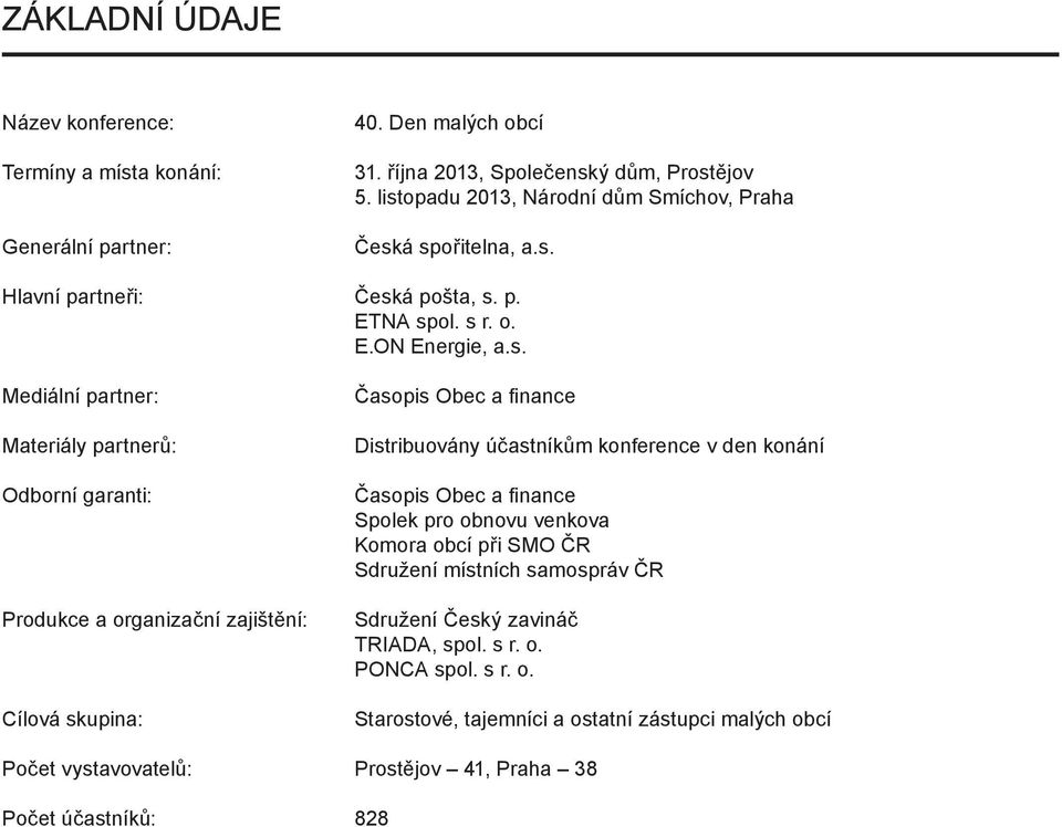 garanti: Produkce a organizační zajištění: Cílová skupina: Časopis Obec a fi nance Distribuovány účastníkům konference v den konání Časopis Obec a fi nance Spolek pro obnovu venkova