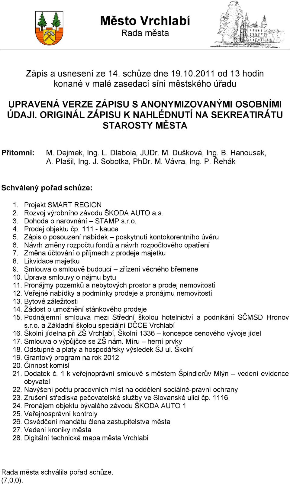 Projekt SMART REGION 2. Rozvoj výrobního závodu ŠKODA AUTO a.s. 3. Dohoda o narovnání STAMP s.r.o. 4. Prodej objektu čp. 111 - kauce 5. Zápis o posouzení nabídek poskytnutí kontokorentního úvěru 6.