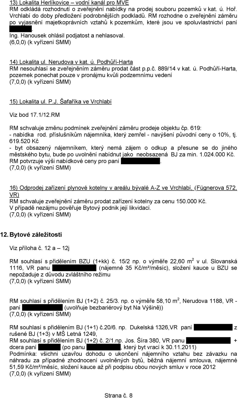 (6,0,0) (k vyřízení SMM) 14) Lokalita ul. Nerudova v kat. ú. Podhůří-Harta RM nesouhlasí se zveřejněním záměru prodat část p.p.č. 889/14 v kat. ú. Podhůří-Harta, pozemek ponechat pouze v pronájmu kvůli podzemnímu vedení 15) Lokalita ul.