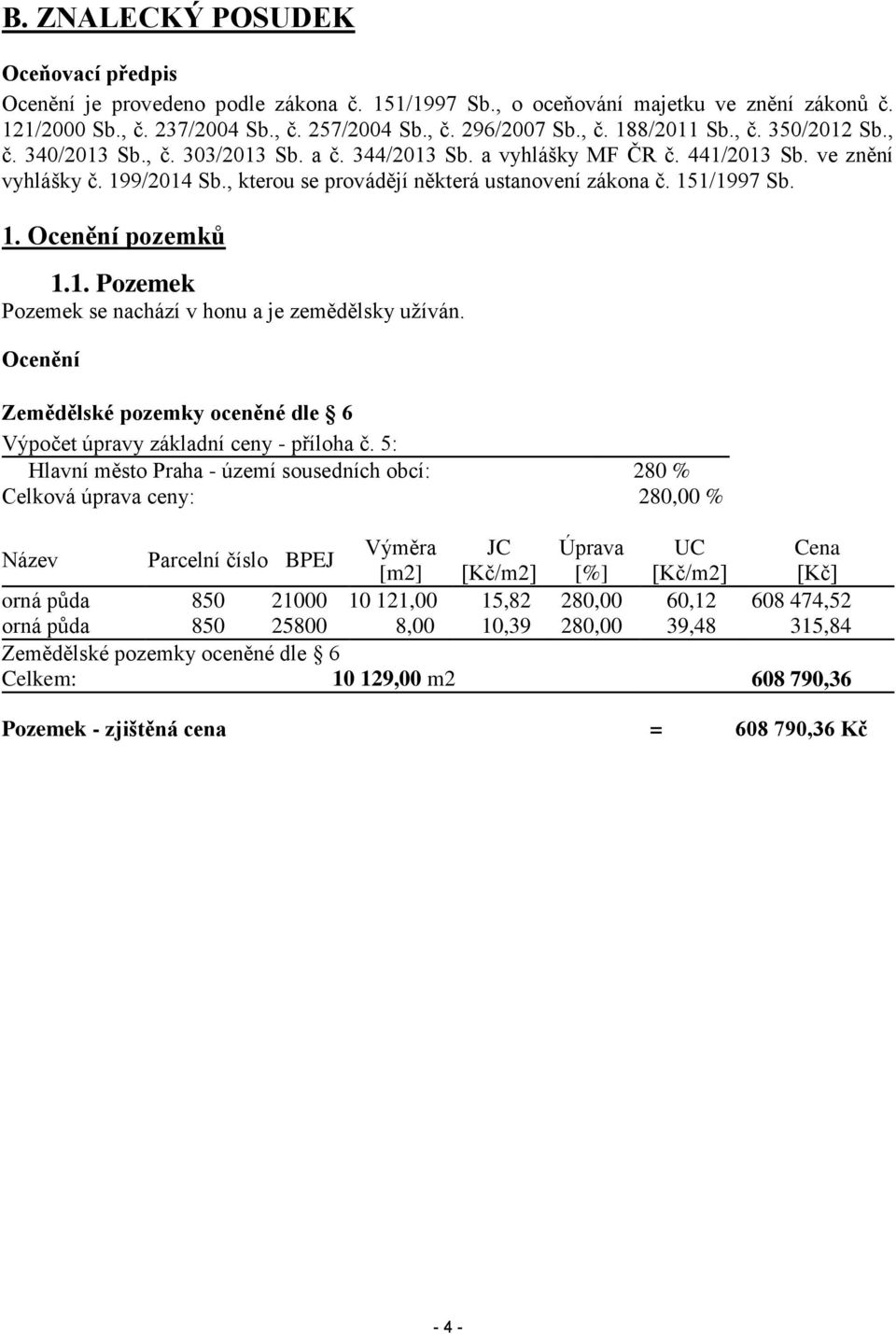 1. Ocenění pozemků 1.1. Pozemek Pozemek se nachází v honu a je zemědělsky užíván. Ocenění Zemědělské pozemky oceněné dle 6 Výpočet úpravy základní ceny - příloha č.