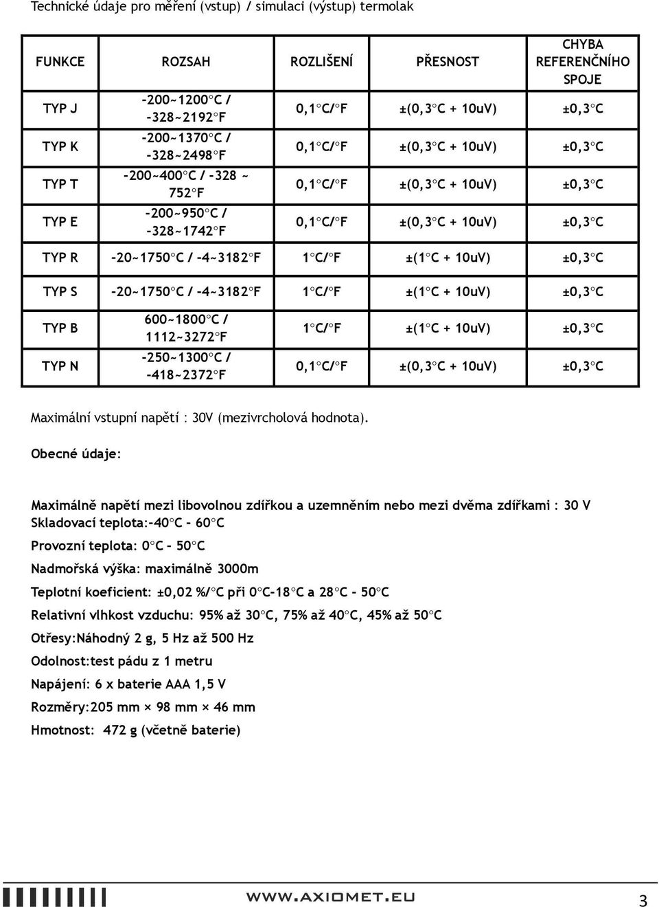 F -250~1300 C / -418~2372 F 1 C/ F ±(1 C + 10uV) ±0,3 C Maximální vstupní napětí:30v (mezivrcholová hodnota).