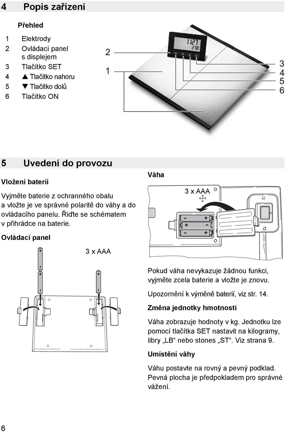 Ovládací panel 3 x AAA Váha 3 x AAA Pokud váha nevykazuje žádnou funkci, vyjměte zcela baterie a vložte je znovu. Upozornění k výměně baterií, viz str. 14.