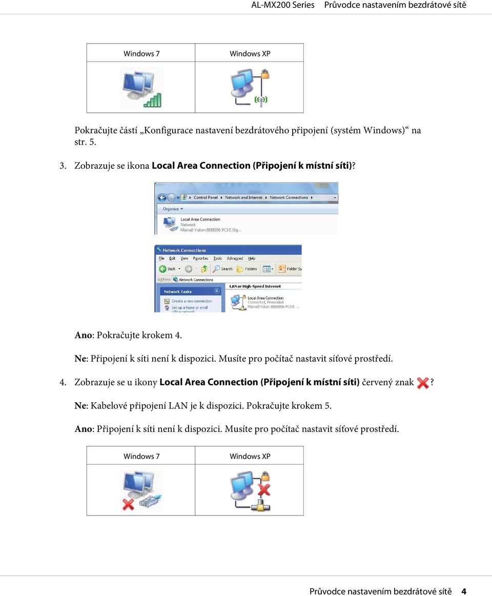 Musíte pro počítač nastavit síťové prostředí. 4. Zobrazuje se u ikony Local Area Connection (Připojení k místní síti) červený znak?