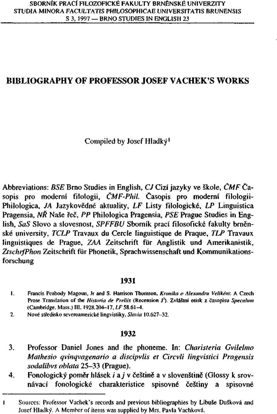 Časopis pro moderní filologii- Philologica, JA Jazykovědné aktuality, LF Listy filologické, LP Linguistica Pragensia, NŘ Naše řeč, PP Philologica Pragensia, PSE Prague Studies in English, SaS Slovo a