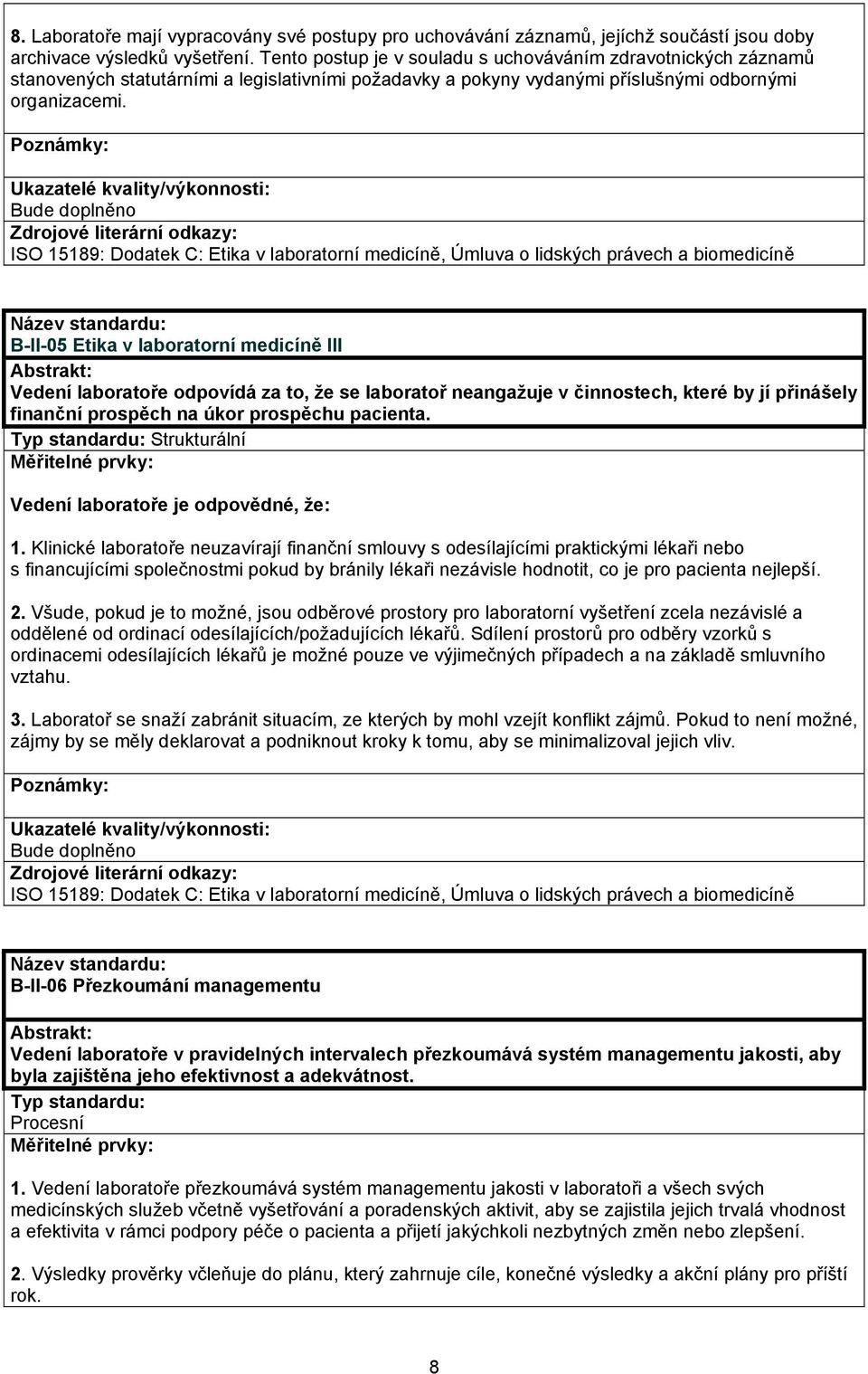 Bude doplněno ISO 15189: Dodatek C: Etika v laboratorní medicíně, Úmluva o lidských právech a biomedicíně B-II-05 Etika v laboratorní medicíně III Vedení laboratoře odpovídá za to, že se laboratoř