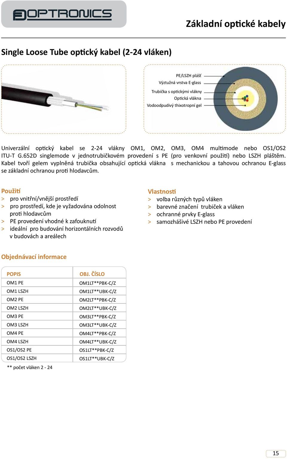 Kabel tvoří gelem vyplněná trubička obsahující optická vlákna s mechanickou a tahovou ochranou E-glass se základní ochranou proti hlodavcům.