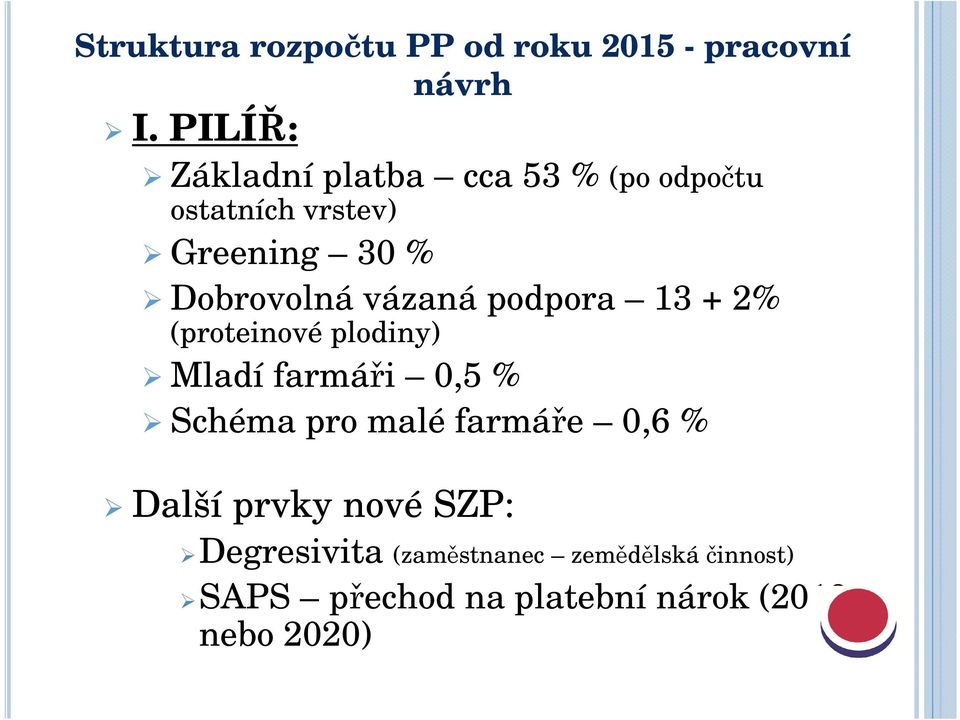 vázaná podpora 13 + 2% (proteinové plodiny) Mladí farmáři 0,5 % Schéma pro malé farmáře 0,6