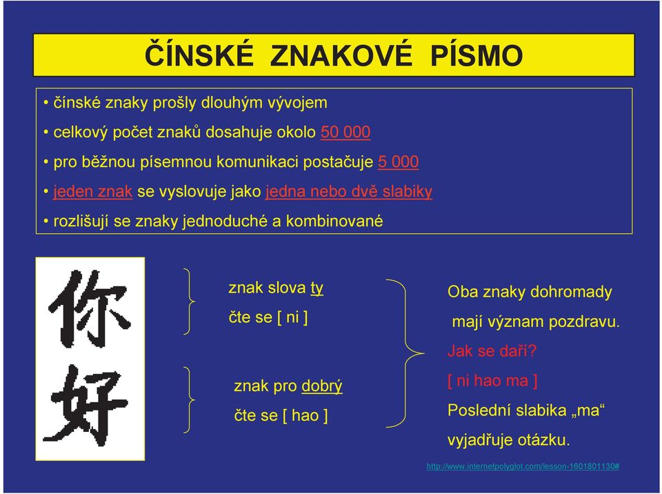 jednoduché a kombinované znak slova ty te se [ ni ] znak pro dobrý te se [ hao ] Oba znaky dohromady mají