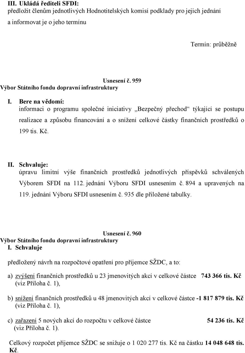 Schvaluje: úpravu limitní výše finančních prostředků jednotlivých příspěvků schválených Výborem SFDI na 112. jednání Výboru SFDI usnesením č. 894 a upravených na 119. jednání Výboru SFDI usnesením č. 935 dle přiložené tabulky.