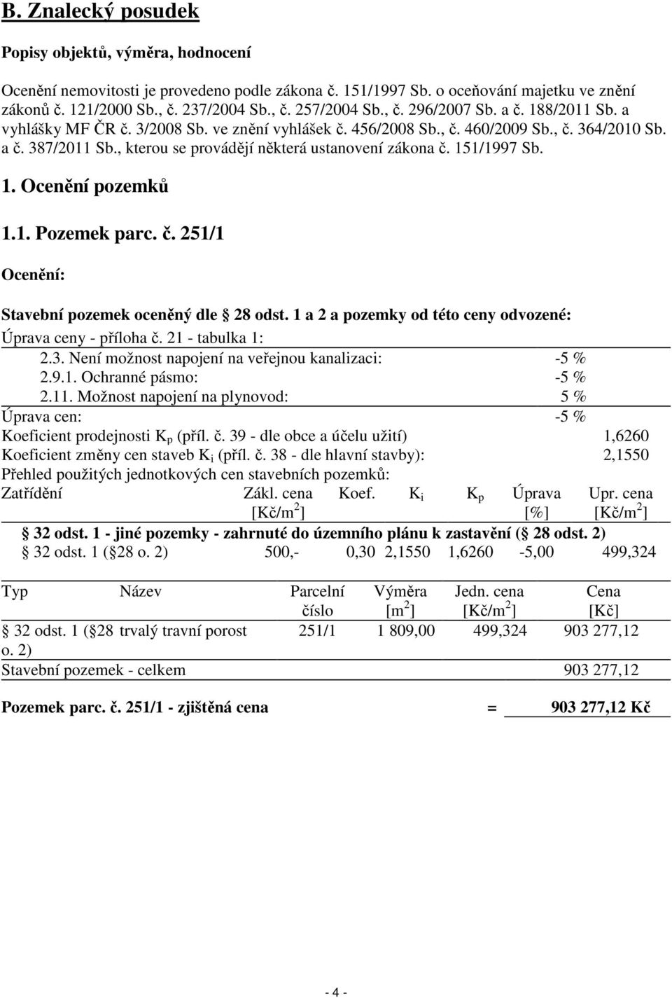 , kterou se provádějí některá ustanovení zákona č. 151/1997 Sb. 1. Ocenění pozemků 1.1. Pozemek parc. č. 251/1 Ocenění: Stavební pozemek oceněný dle 28 odst.