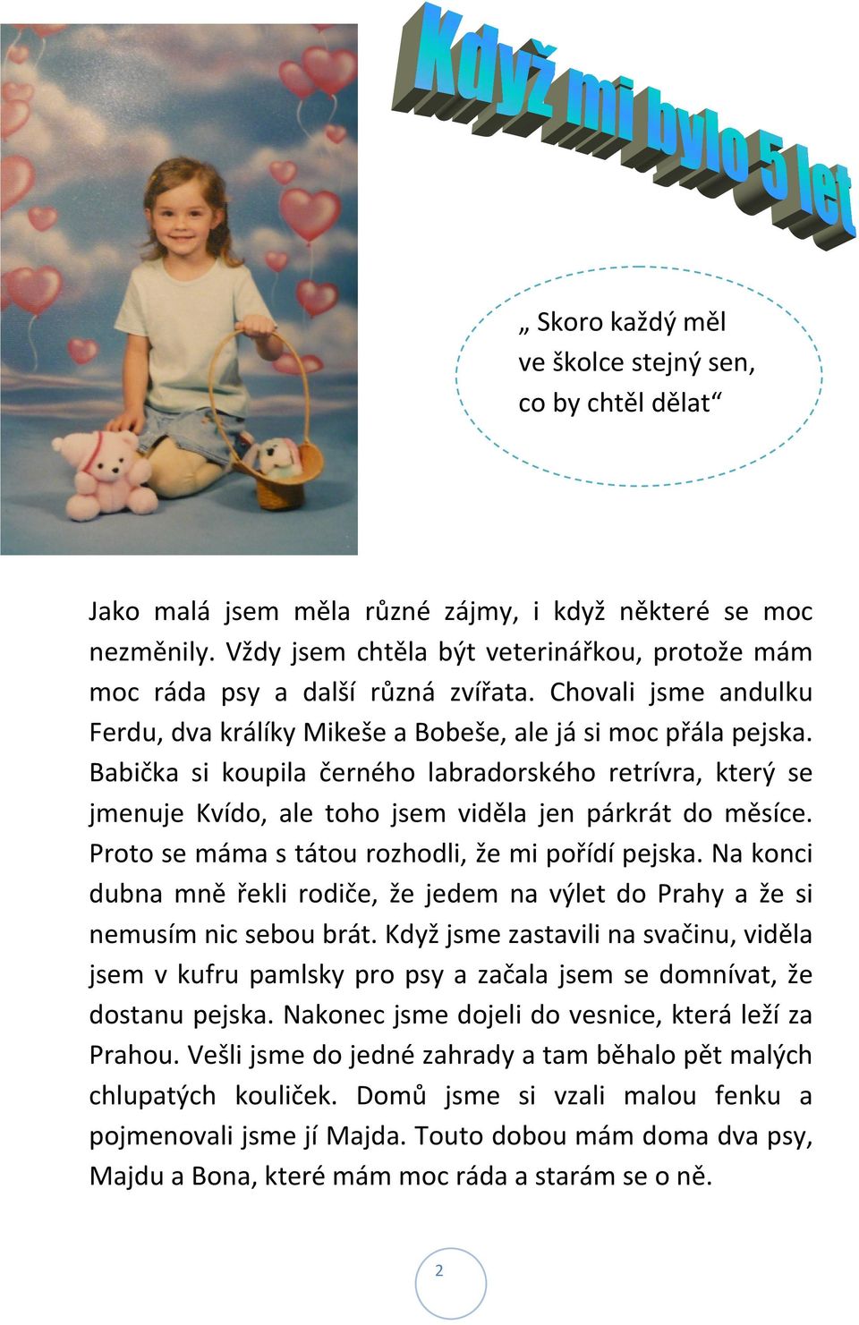 Babička si koupila černého labradorského retrívra, který se jmenuje Kvído, ale toho jsem viděla jen párkrát do měsíce. Proto se máma s tátou rozhodli, že mi pořídí pejska.