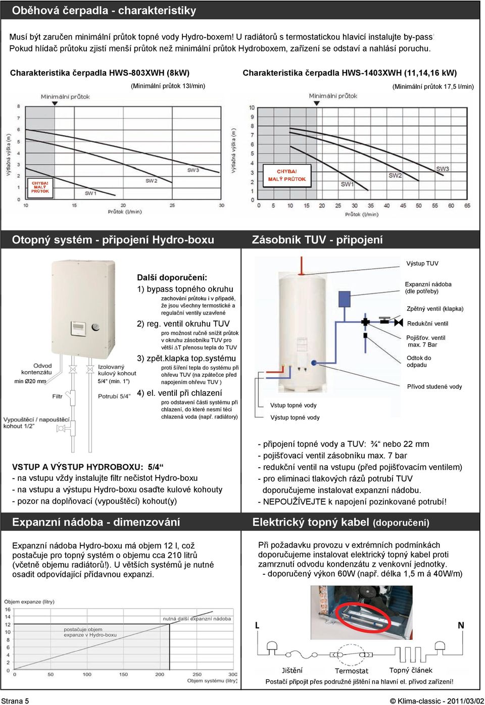 Charakteristika čerpadla HWS-03XWH (kw) (Minimální průtok 13l/min) Charakteristika čerpadla HWS-103XWH (11,1, kw) (Minimální průtok 17,5 l/min) Otopný systém - připojení Hydro-boxu Zásobník TUV -