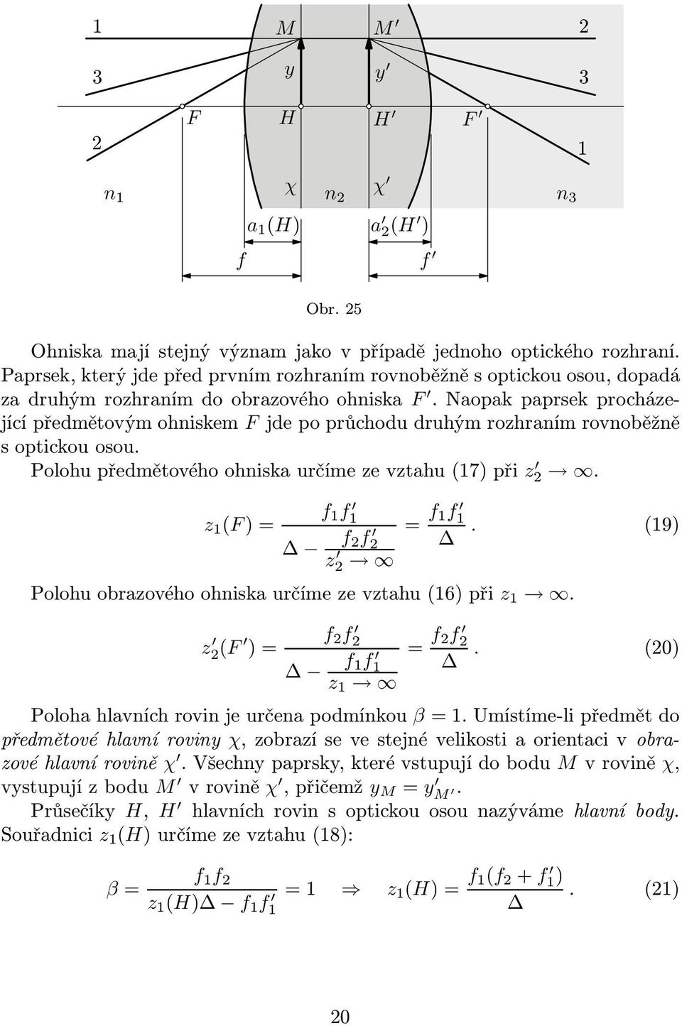 Naopakpaprsekprocházející předmětovým ohniskem F jde po průchodu druhým rozhraním rovnoběžně s optickou osou. Polohupředmětovéhoohniskaurčímezevztahu(17)při z 2. z 1 (F)= f 1 f 1 f 2f 2 z 2 = f 1f 1.