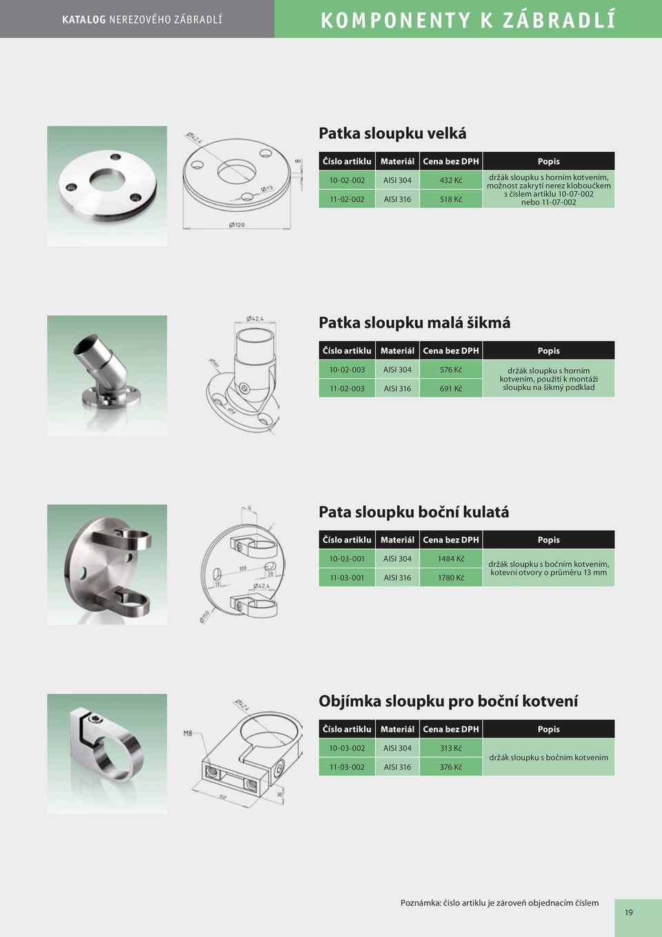 11-02-003 AISI 316 691 Kč sloupku na šikmý podklad Pata sloupku boční kulatá 10-03-001 AISI 304 1484 Kč 11-03-001 AISI 316 1780 Kč držák sloupku s bočním