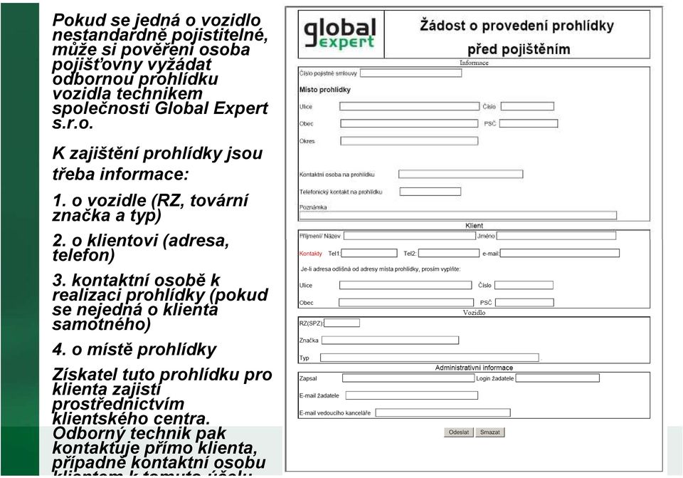 o klientovi (adresa, telefon) 3. kontaktní osobě k realizaci prohlídky (pokud se nejedná o klienta samotného) 4.