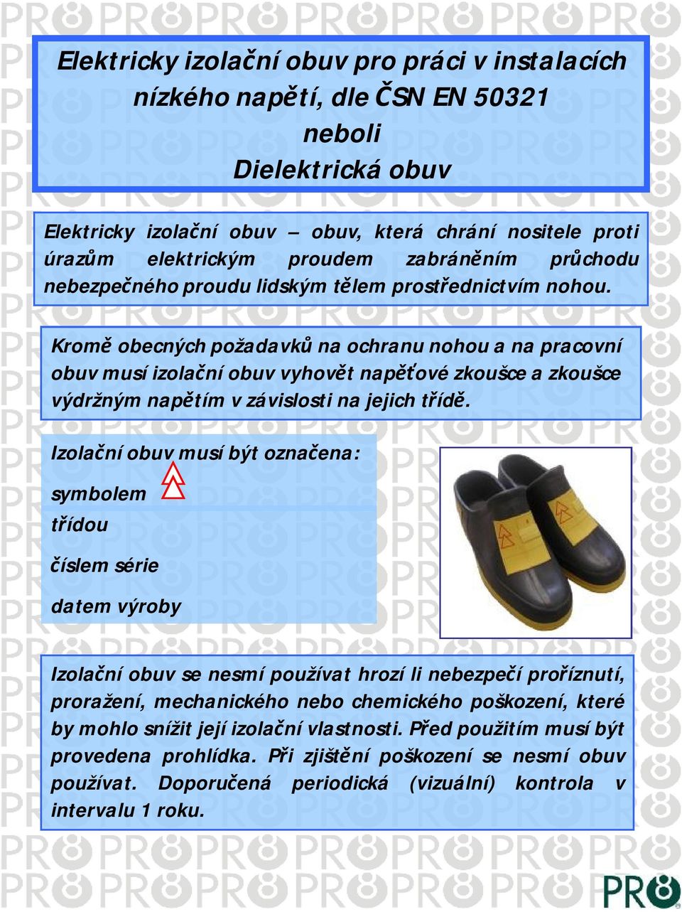 Kromě obecných požadavků na ochranu nohou a na pracovní obuv musí izolační obuv vyhovět napěťové zkoušce a zkoušce výdržným napětím v závislosti na jejich třídě.