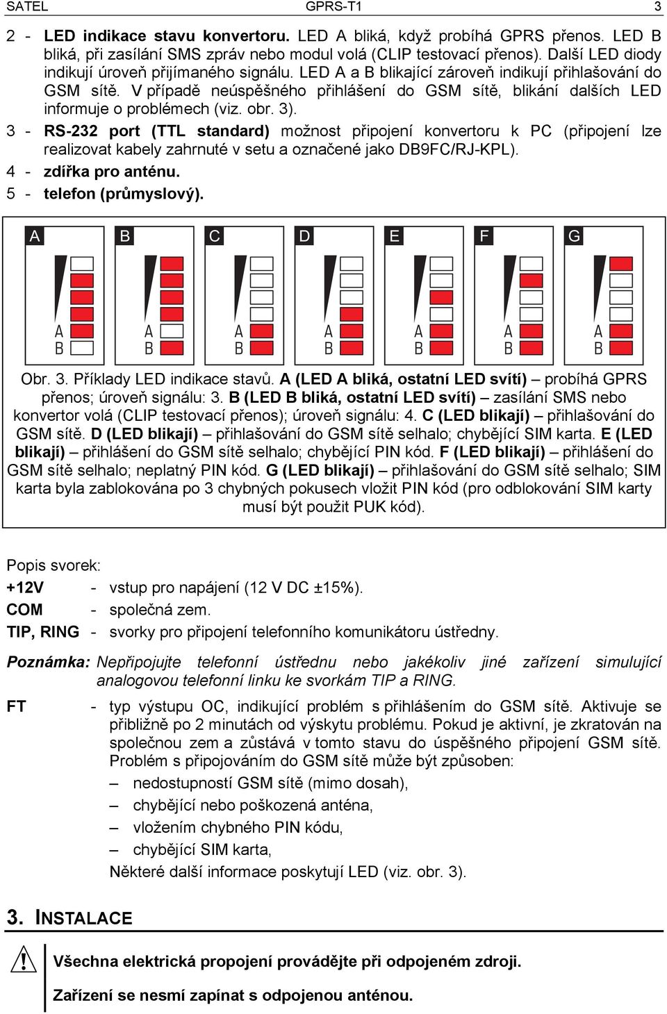 V případě neúspěšného přihlášení do GSM sítě, blikání dalších LED informuje o problémech (viz. obr. 3).