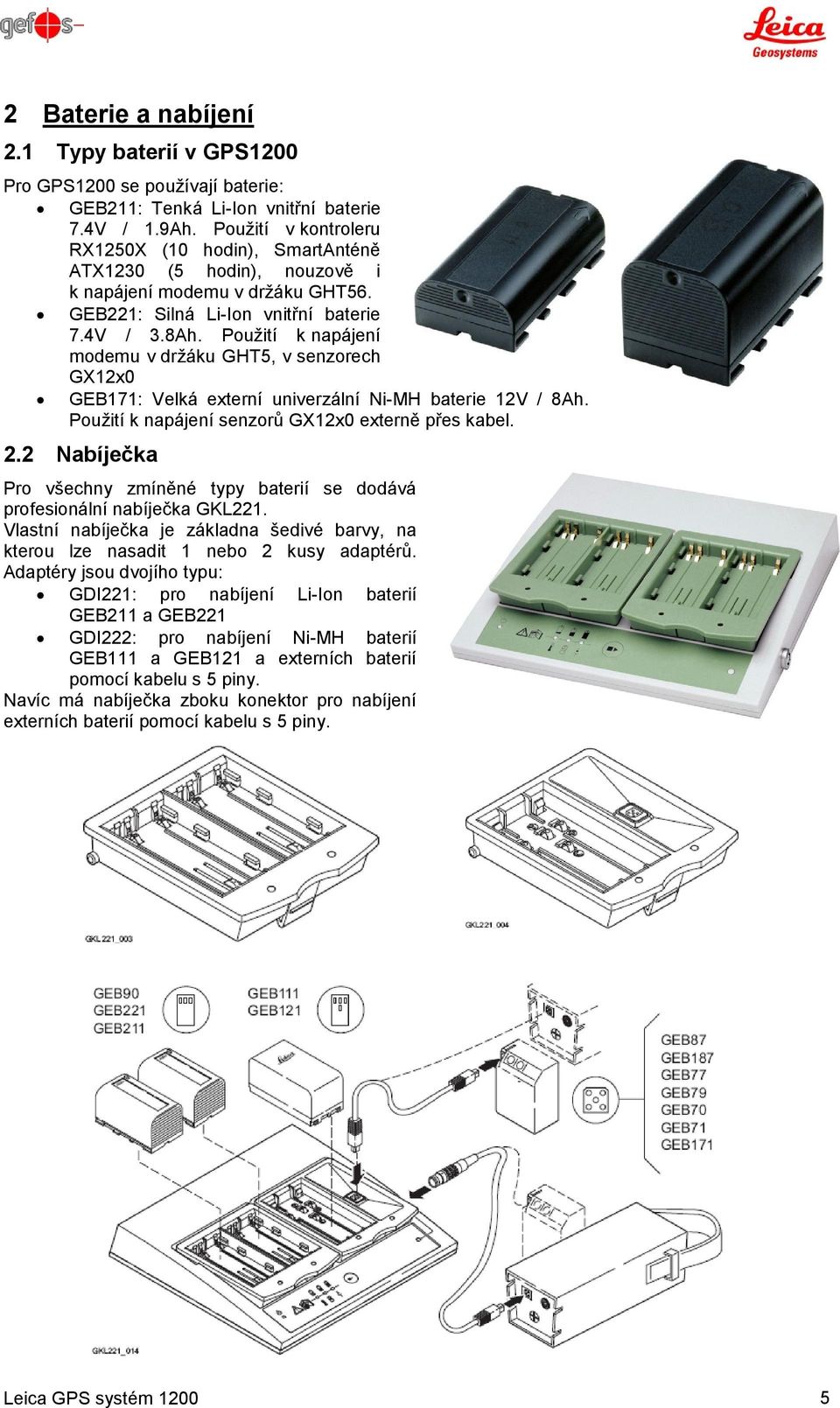 Pouţití k napájení modemu v drţáku GHT5, v senzorech GX12x0 GEB171: Velká externí univerzální Ni-MH baterie 12V / 8Ah. Pouţití k napájení senzorů GX12x0 externě přes kabel. 2.