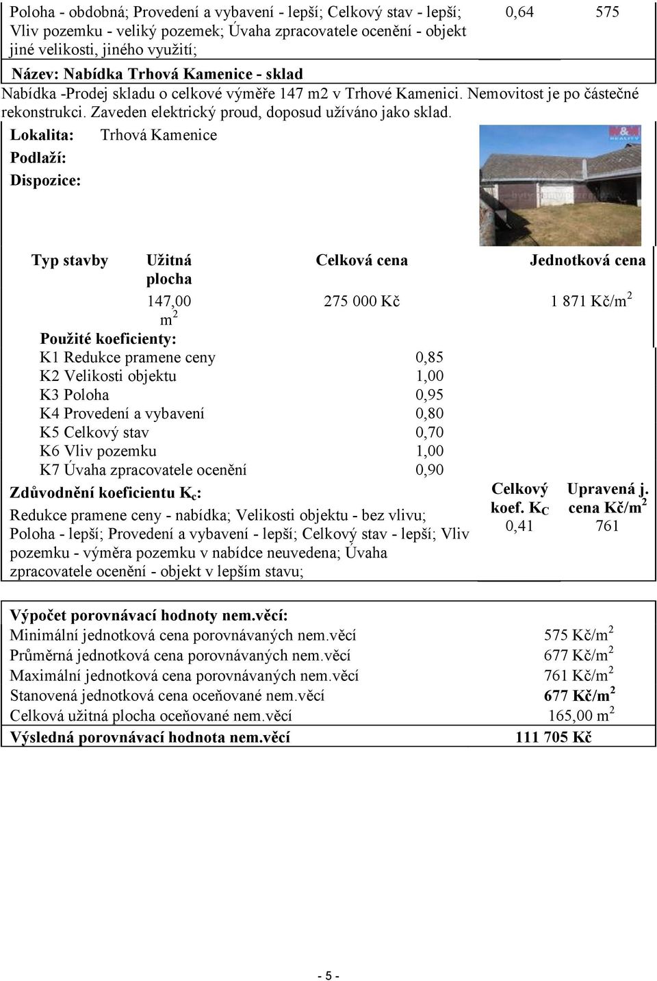 Lokalita: Trhová Kamenice Podlaží: Dispozice: Typ stavby Užitná Celková cena Jednotková cena plocha 147,00 275 000 Kč 1 871 Kč/m 2 m 2 Použité koeficienty: K1 Redukce pramene ceny 0,85 K2 Velikosti