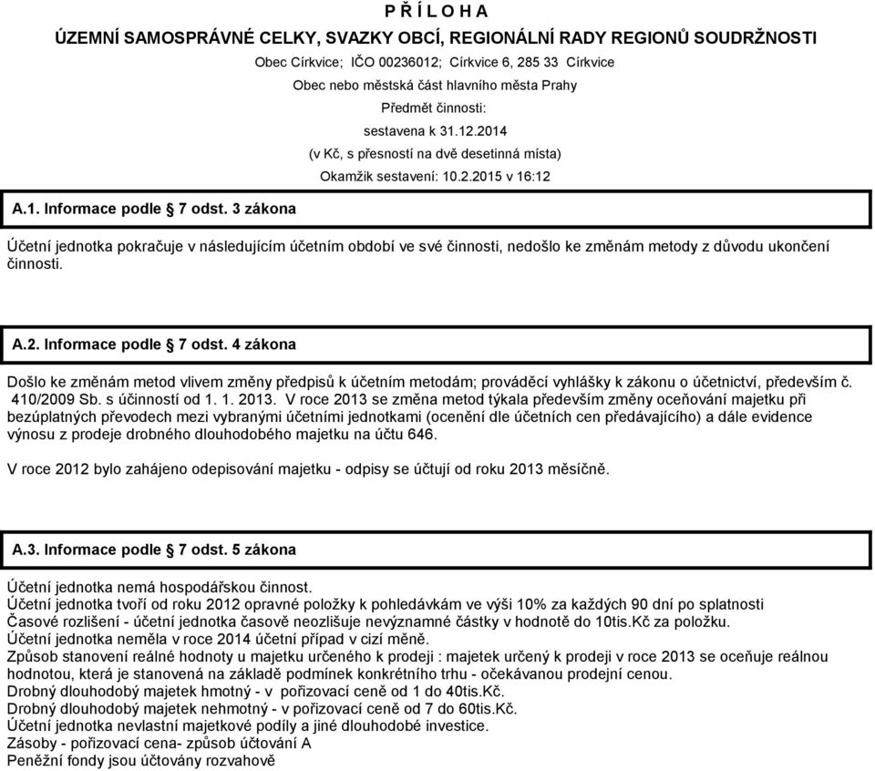 2.2015 v 16:12 Účetní jednotka pokračuje v následujícím účetním období ve své činnosti, nedošlo ke změnám metody z důvodu ukončení činnosti. A.2. Informace podle 7 odst.