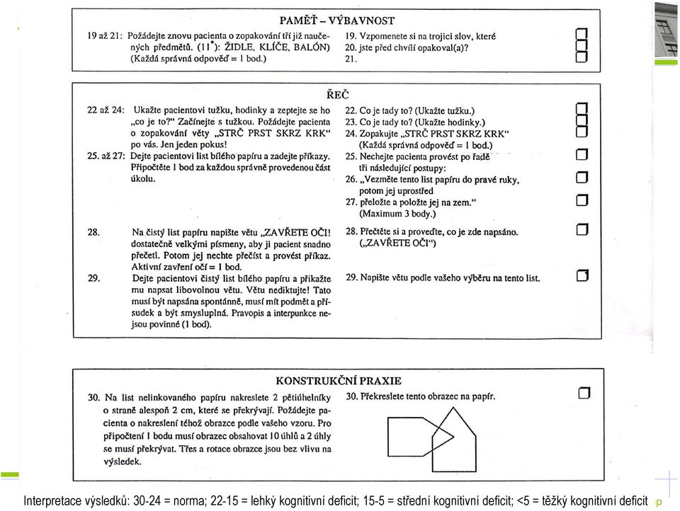 deficit; 15-5 = střední kognitivní