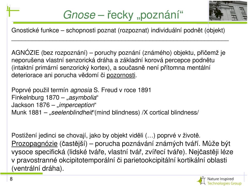 Freud v roce 1891 Finkelnburg 1870 asymbolia Jackson 1876 imperception Munk 1881 seelenblindheit (mind blindness) /X cortical blindness/ Postižení jedinci se chovají, jako by objekt viděli ( ) poprvé