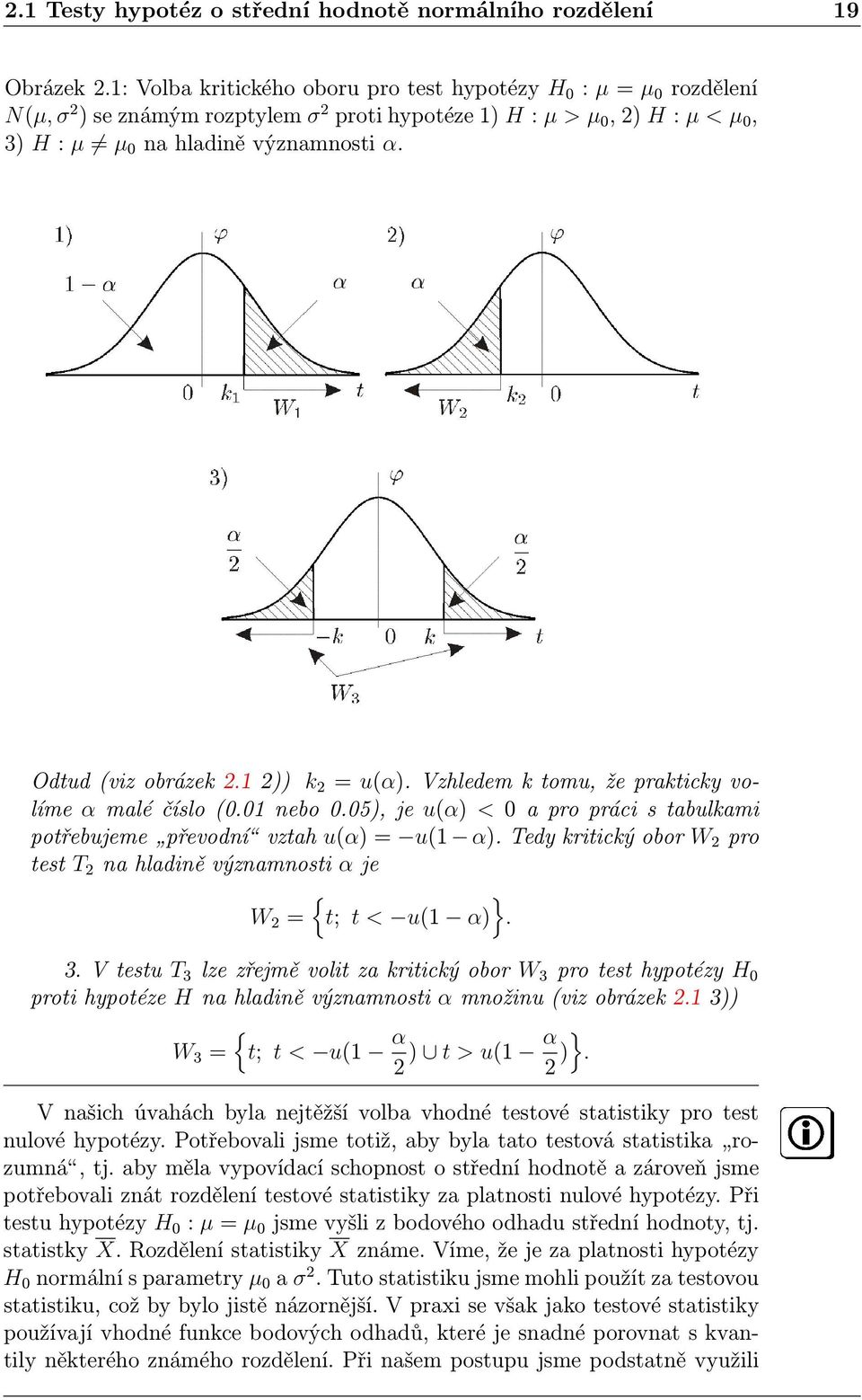 Odtud (viz obrázek 2.1 2 k 2 = u(α. Vzhledem k tomu, že prakticky volíme α malé číslo (0.01 nebo 0.05, je u(α < 0 a pro práci s tabulkami potřebujeme převodní vztah u(α = u(1 α.