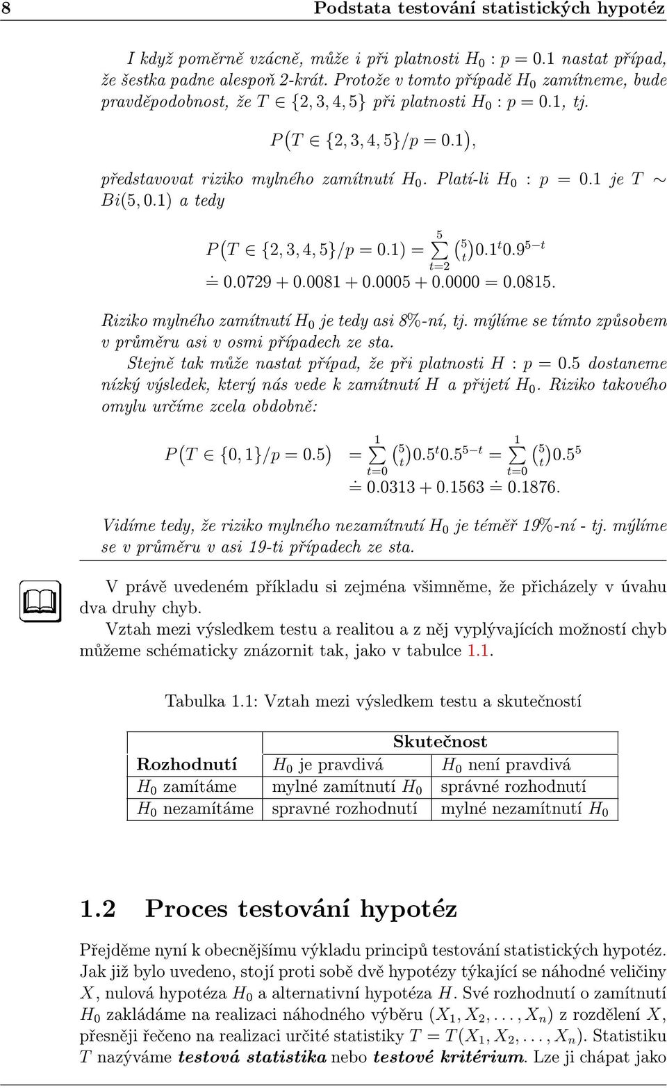 1 a tedy : p = 0.1 je T P ( T 2, 3, 4, 5/p = 0.1 = 5 ( 5 t 0.1 t 0.9 5 t t=2. = 0.0729 + 0.0081 + 0.0005 + 0.0000 = 0.0815. Riziko mylného zamítnutí H 0 je tedy asi 8%-ní, tj.