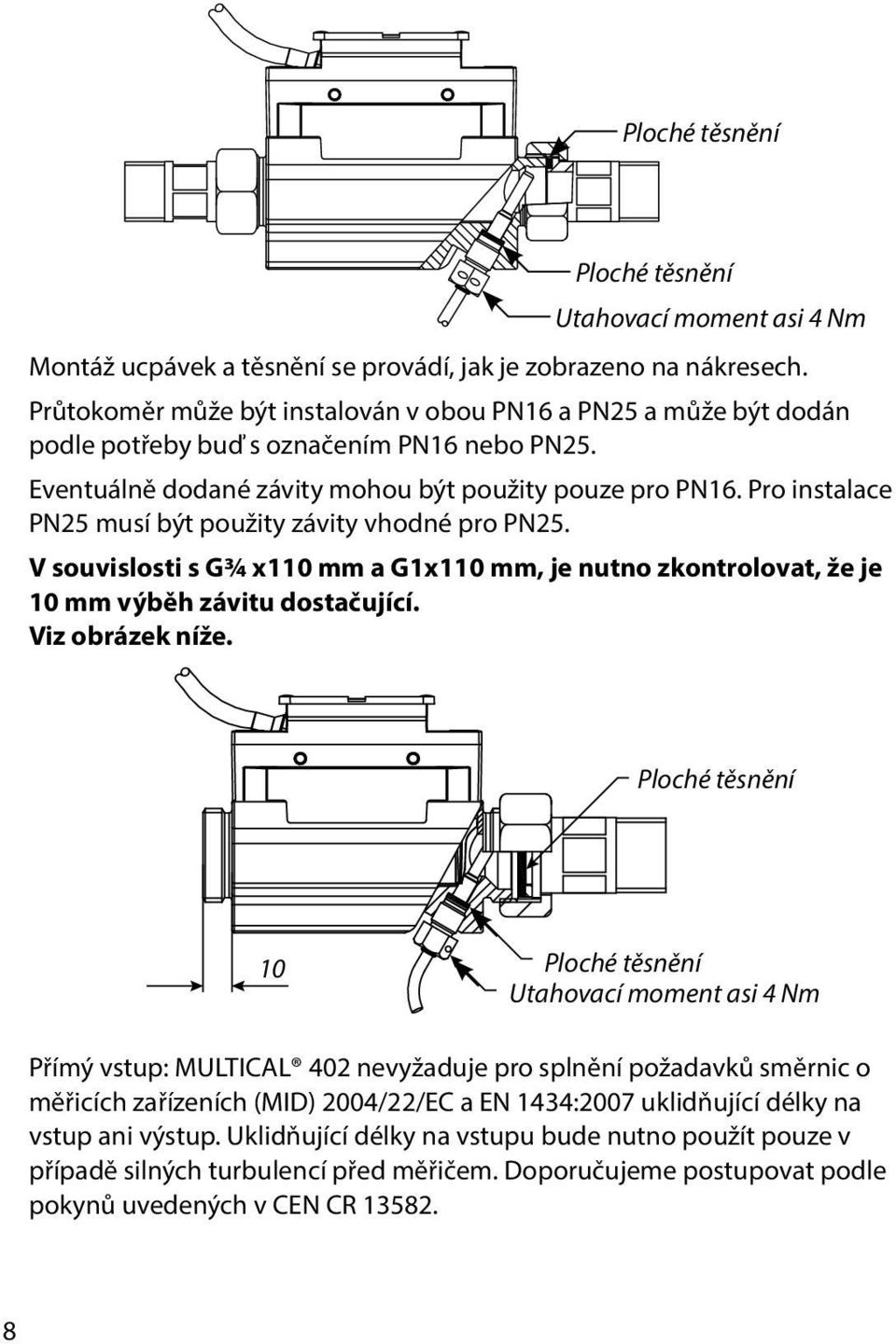 Pro instalace PN25 musí být použity závity vhodné pro PN25. V souvislosti s G¾ x110 mm a G1x110 mm, je nutno zkontrolovat, že je 10 mm výběh závitu dostačující. Viz obrázek níže.