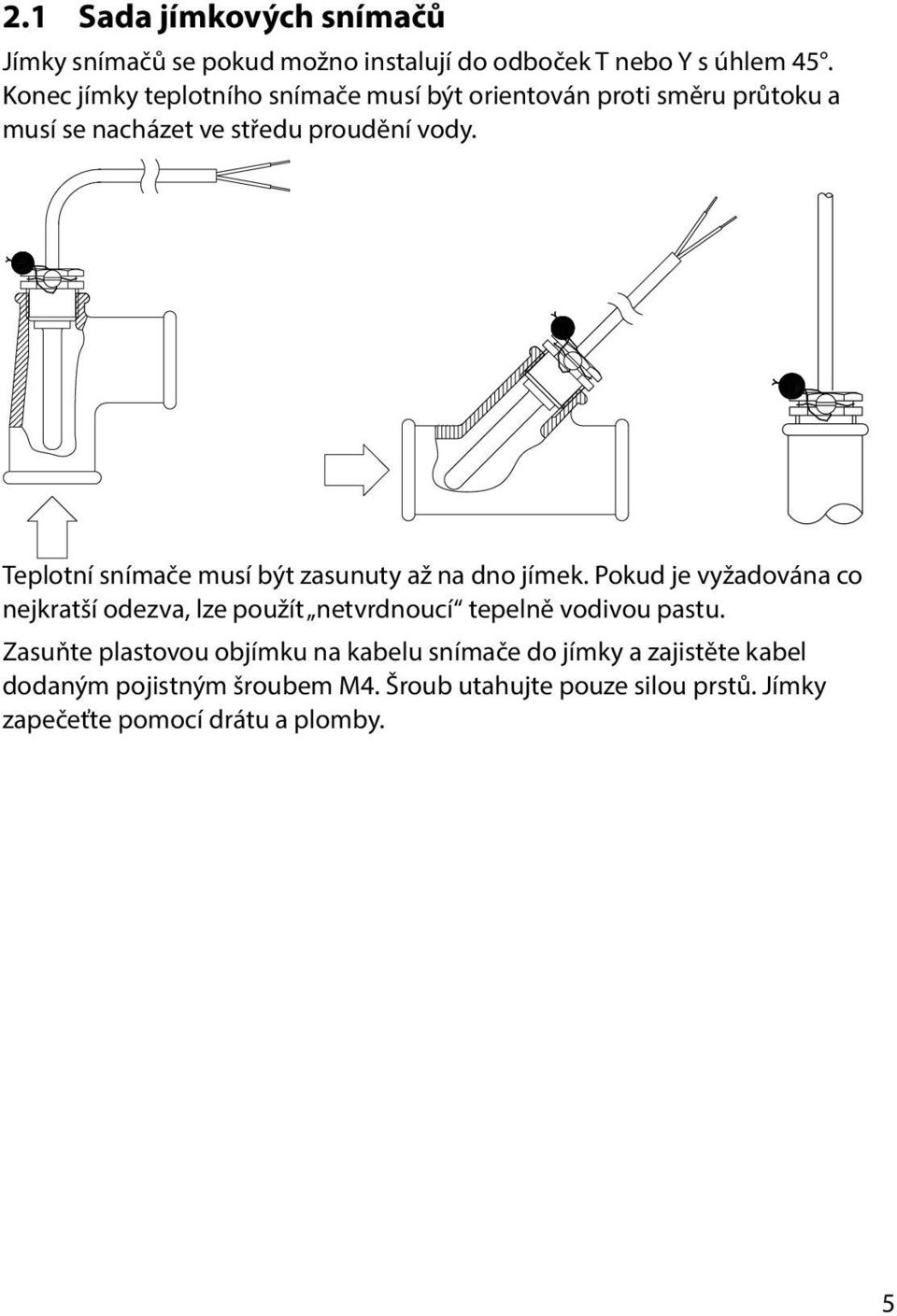 Teplotní snímače musí být zasunuty až na dno jímek.