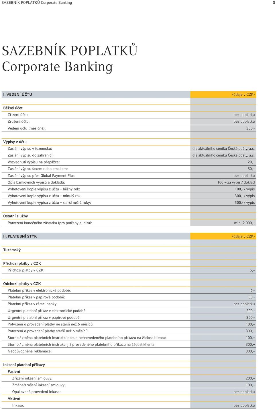 s. Vyzvednutí výpisu na přepážce: 20, Zaslání výpisu faxem nebo emailem: 50, Zaslání výpisu přes Global Payment Plus: Opis bankovních výpisů a dokladů: 100, za výpis / doklad Vyhotovení kopie výpisu