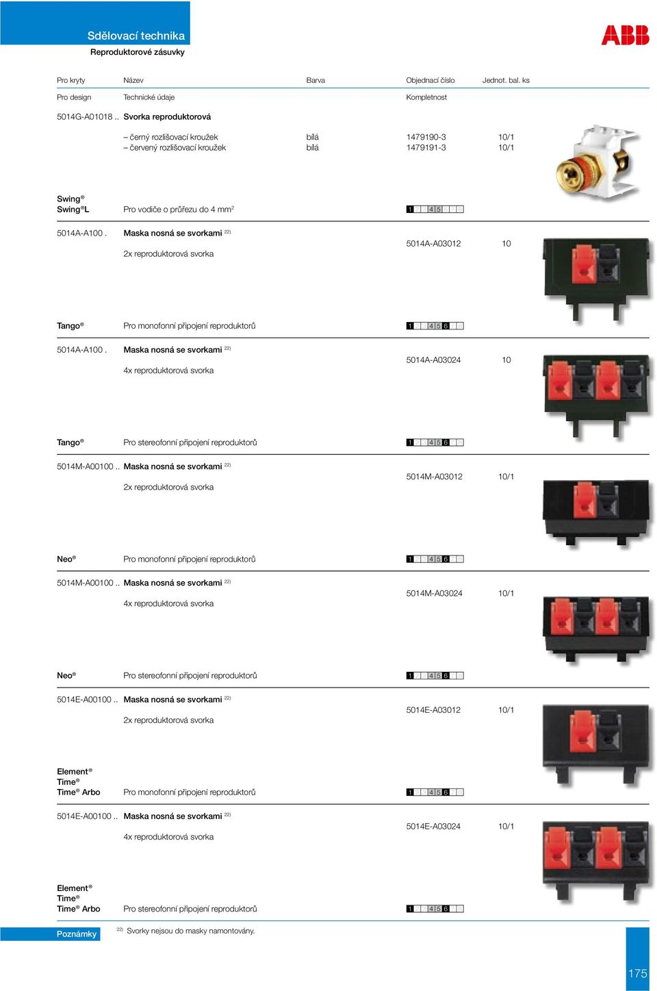 Maska nosná se svorkami 22) 2x reproduktorová svorka 5014A-A03012 10 Pro monofonní připojení reproduktorů 5014A-A100.