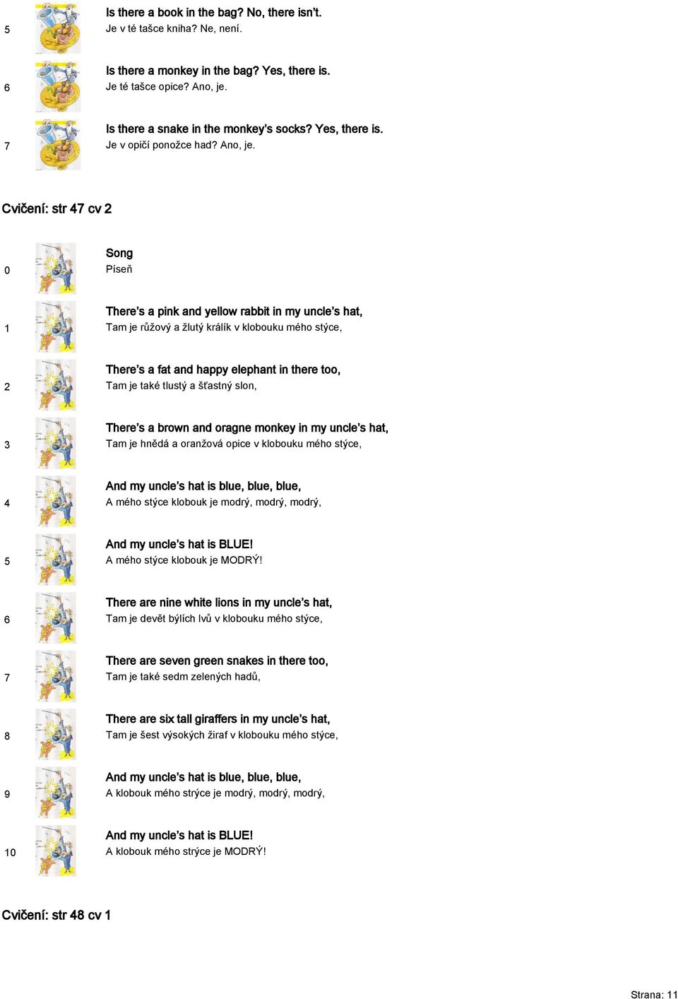 Cvičení: str cv Song Píseň There s a pink and yellow rabbit in my uncle s hat, Tam je růžový a žlutý králík v klobouku mého stýce, There s a fat and happy elephant in there too, Tam je také tlustý a