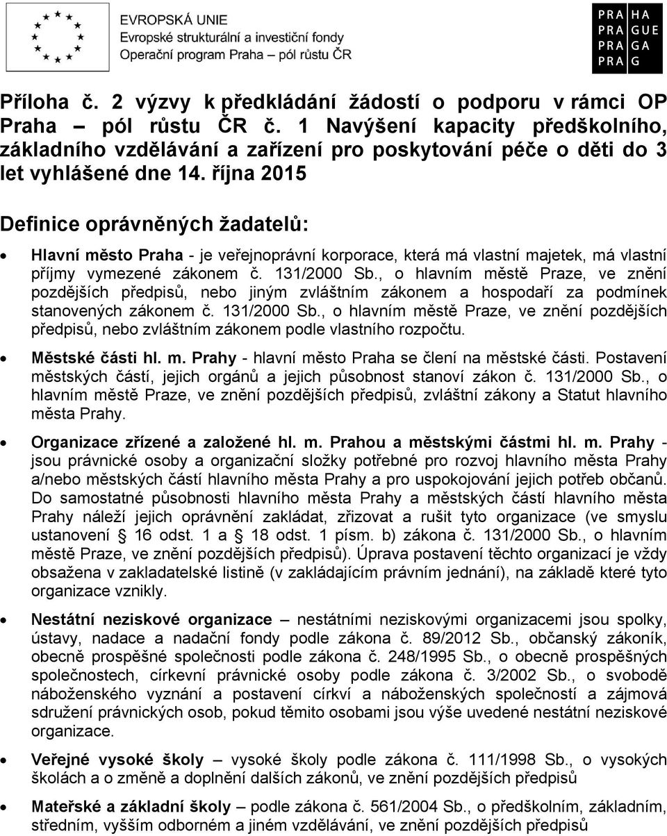 října 2015 Definice oprávněných žadatelů: Hlavní město Praha - je veřejnoprávní korporace, která má vlastní majetek, má vlastní příjmy vymezené zákonem č. 131/2000 Sb.