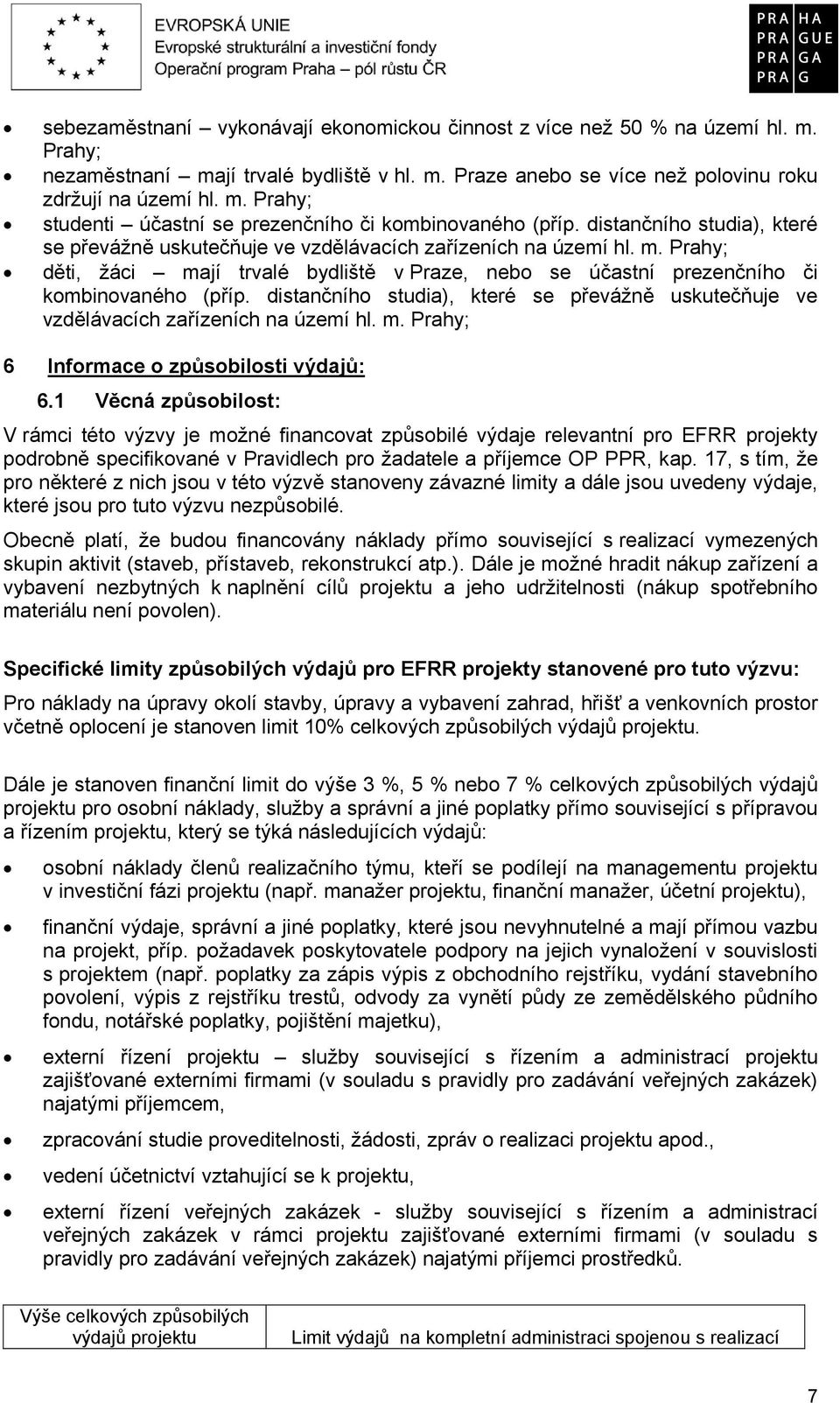 distančního studia), které se převážně uskutečňuje ve vzdělávacích zařízeních na území hl. m. Prahy; 6 Informace o způsobilosti výdajů: 6.