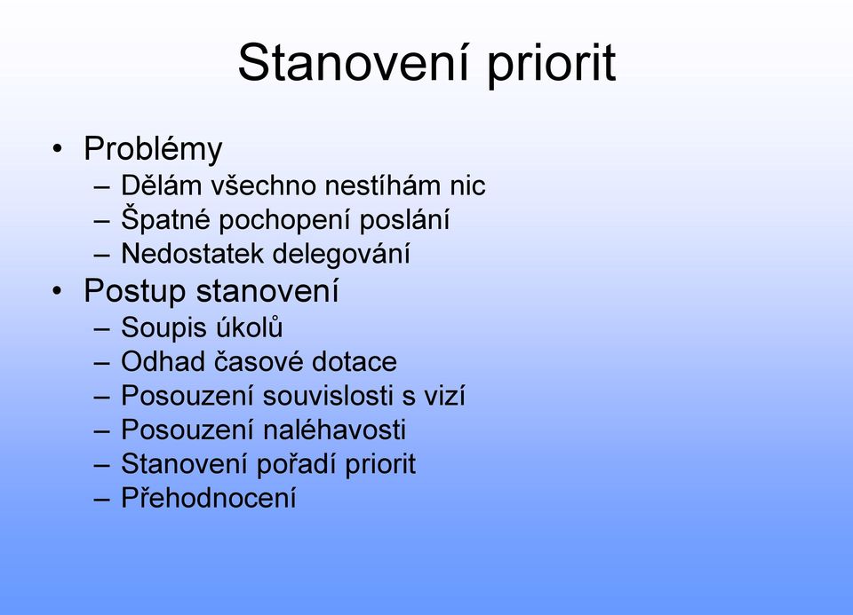 stanovení Soupis úkolů Odhad časové dotace Posouzení