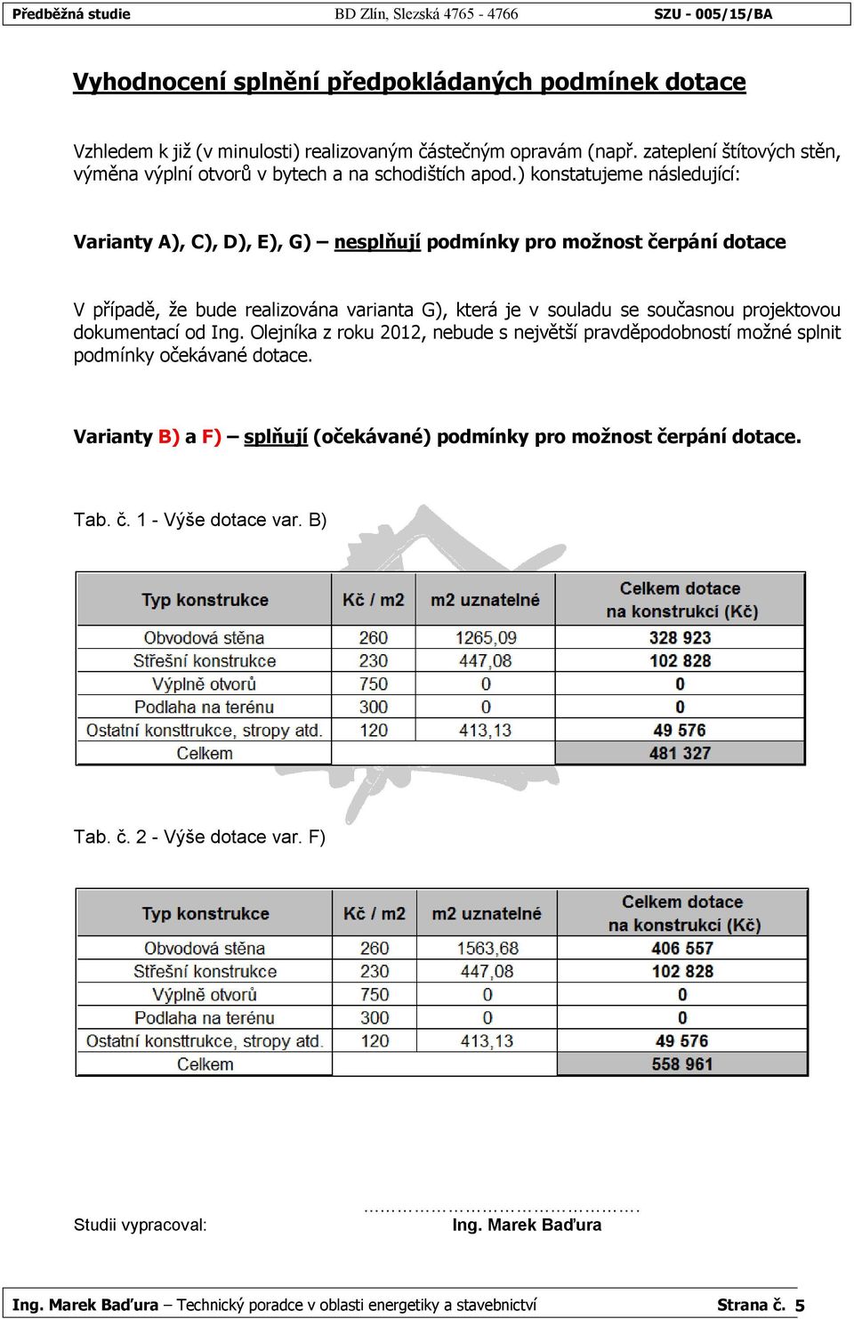) konstatujeme následující: Varianty A), C), D), E), G) nesplňují podmínky pro možnost čerpání dotace V případě, že bude realizována varianta G), která je v souladu se současnou projektovou
